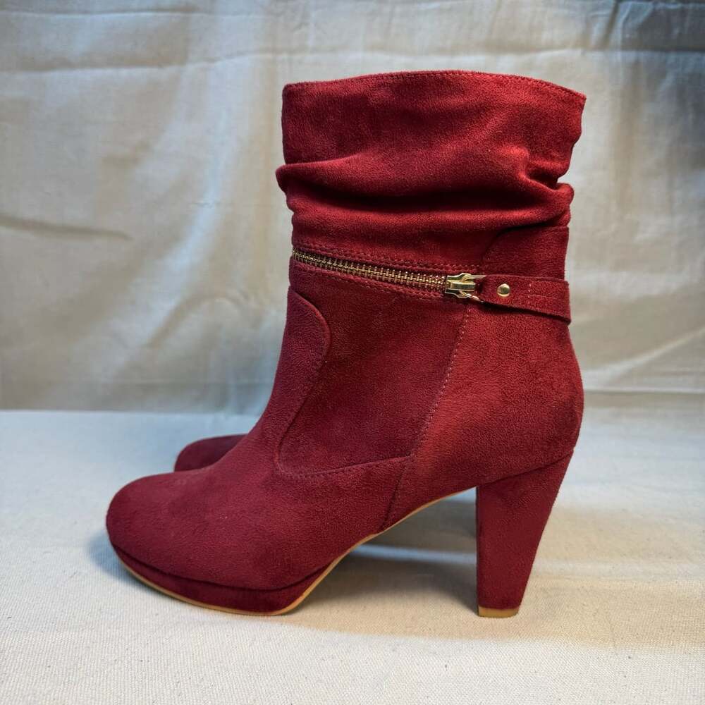 Allegra K Ankle Zip Platform High Heel Mid Calf Boots Burgundy
